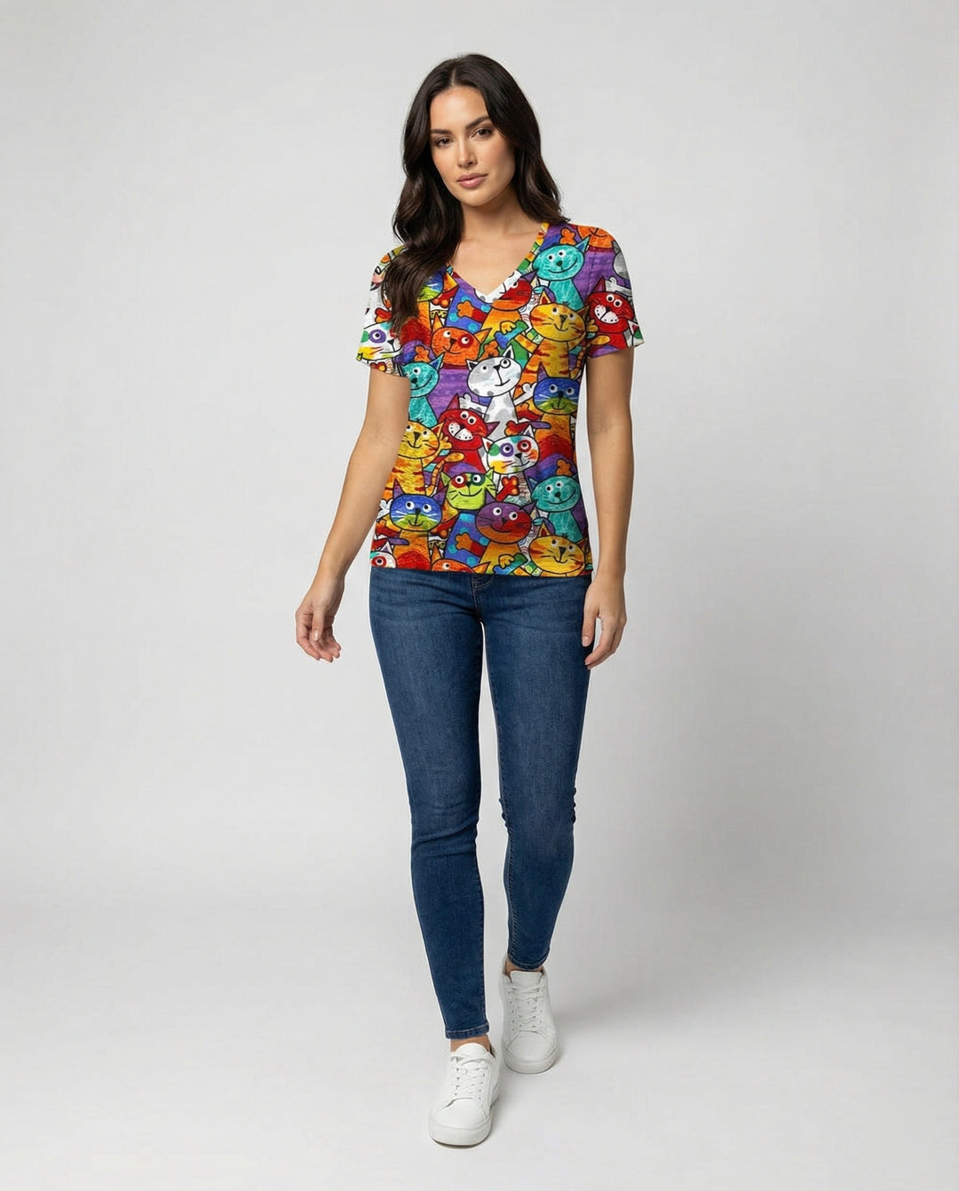 EB | Bequemes T-Shirt Mit Buntem Katzenprint Für Damen