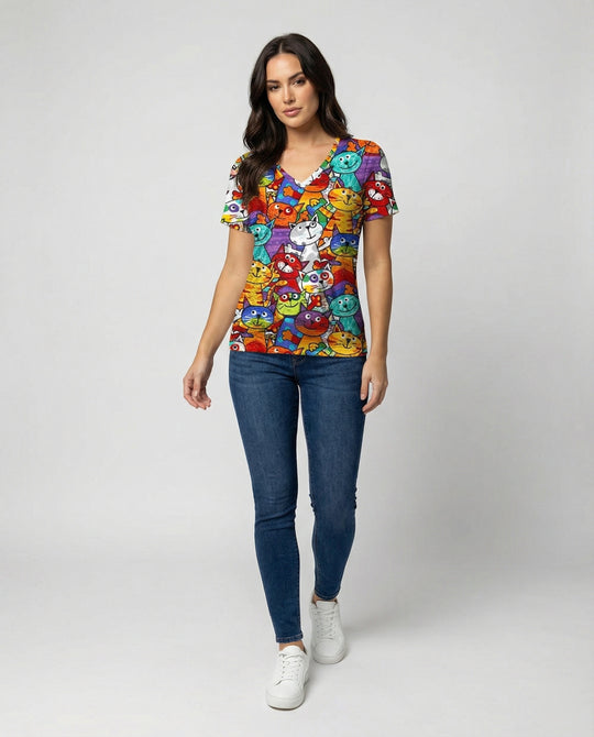 EB | Bequemes T-Shirt Mit Buntem Katzenprint Für Damen