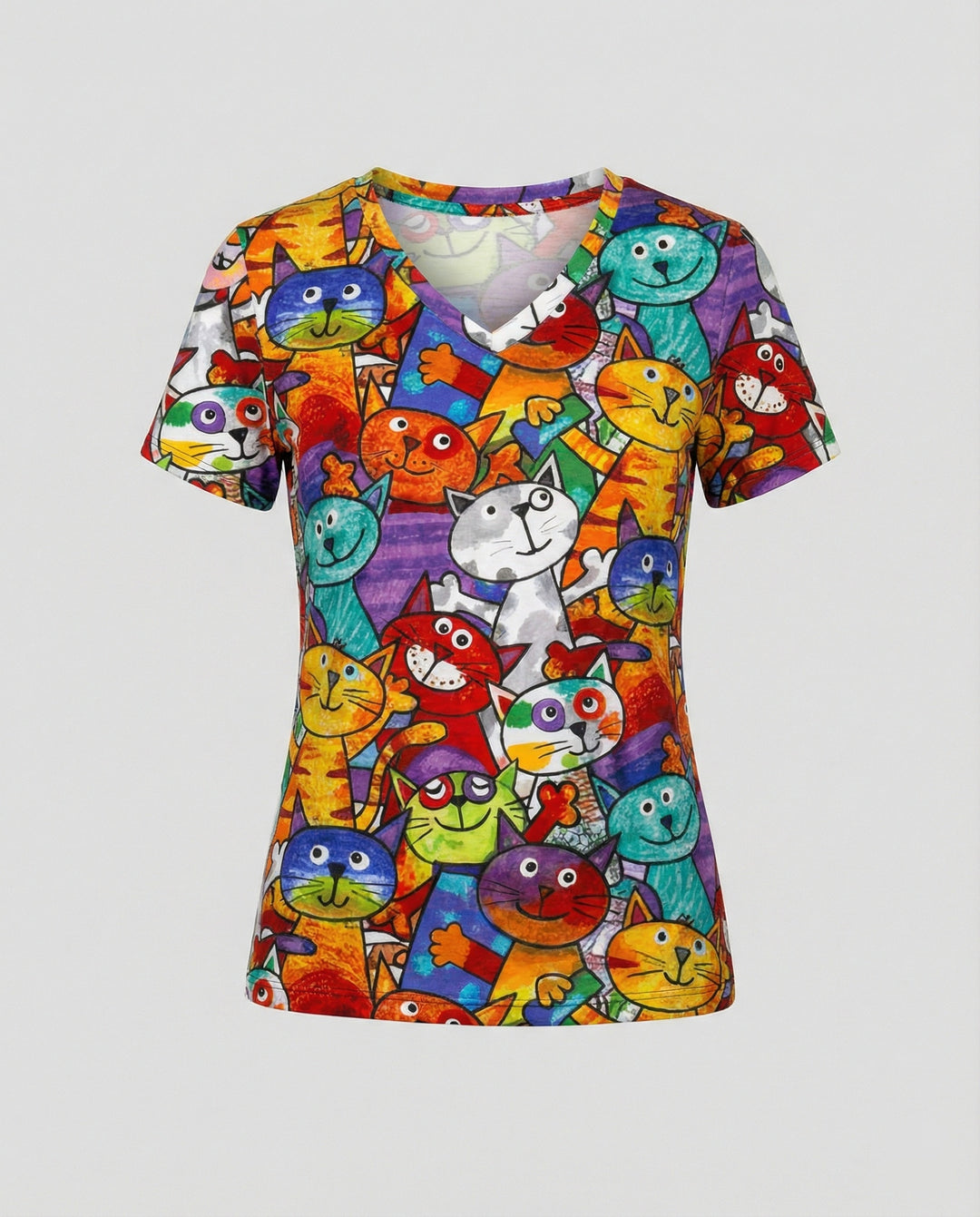 EB | Bequemes T-Shirt Mit Buntem Katzenprint Für Damen