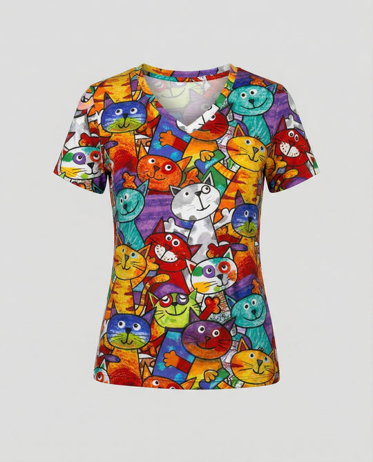 EB | Bequemes T-Shirt Mit Buntem Katzenprint Für Damen