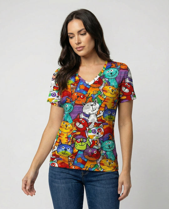 EB | Bequemes T-Shirt Mit Buntem Katzenprint Für Damen