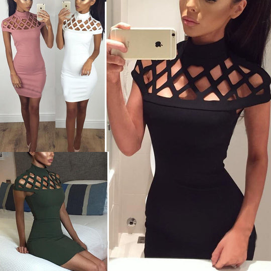 Damen Figurbetontes Minikleid mit kunstvollem Cut-Out-Design und hohem Kragen EB