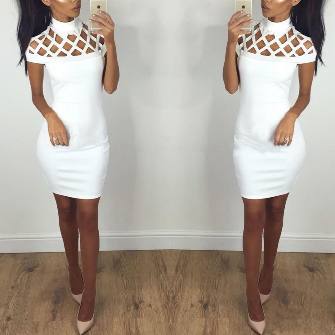 Damen Figurbetontes Minikleid mit kunstvollem Cut-Out-Design und hohem Kragen EB