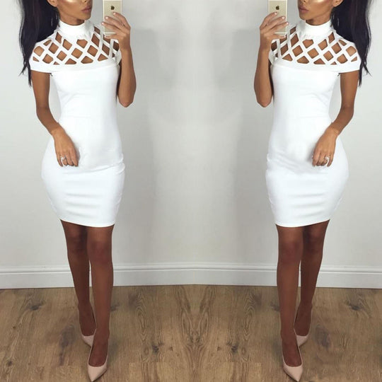 Damen Figurbetontes Minikleid mit kunstvollem Cut-Out-Design und hohem Kragen EB