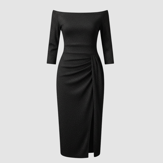 Elegantes Hochzeitsgast Kleid Off Shoulder Lang Satin | EB