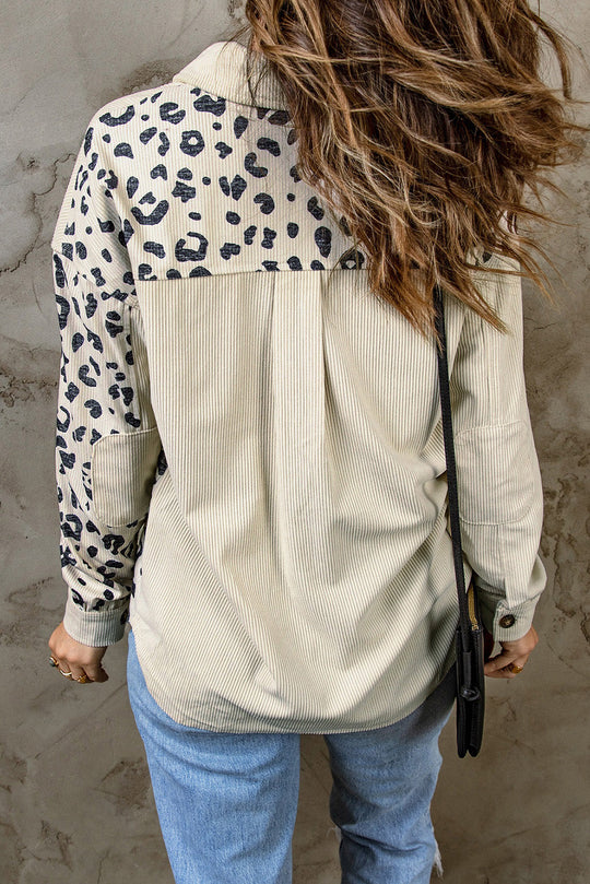 EB | Double Take Leopard Print Pocketed Cord-Jacke