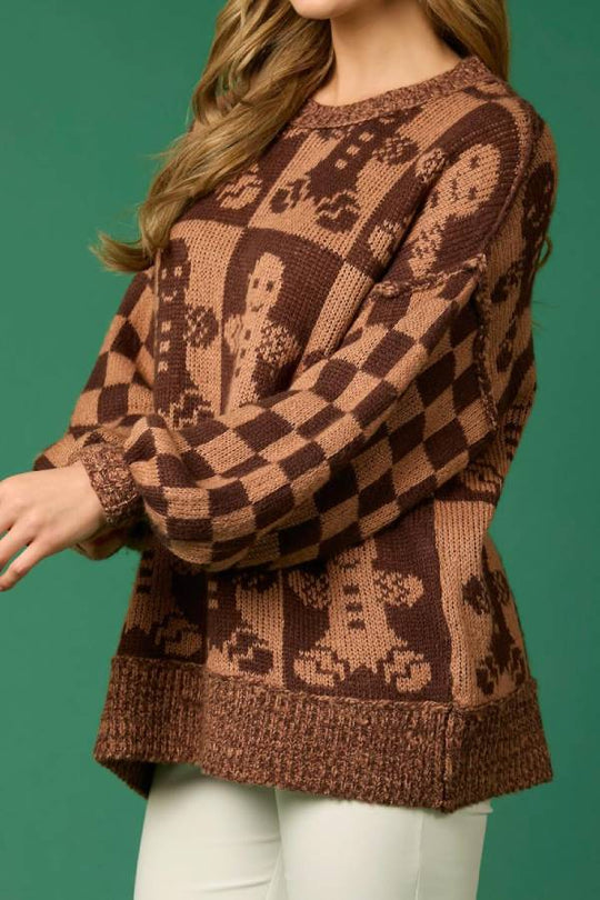 EB | Weihnachtslebkuchenmann Rundhalsausschnitt Langarm Lockere Strickpullover