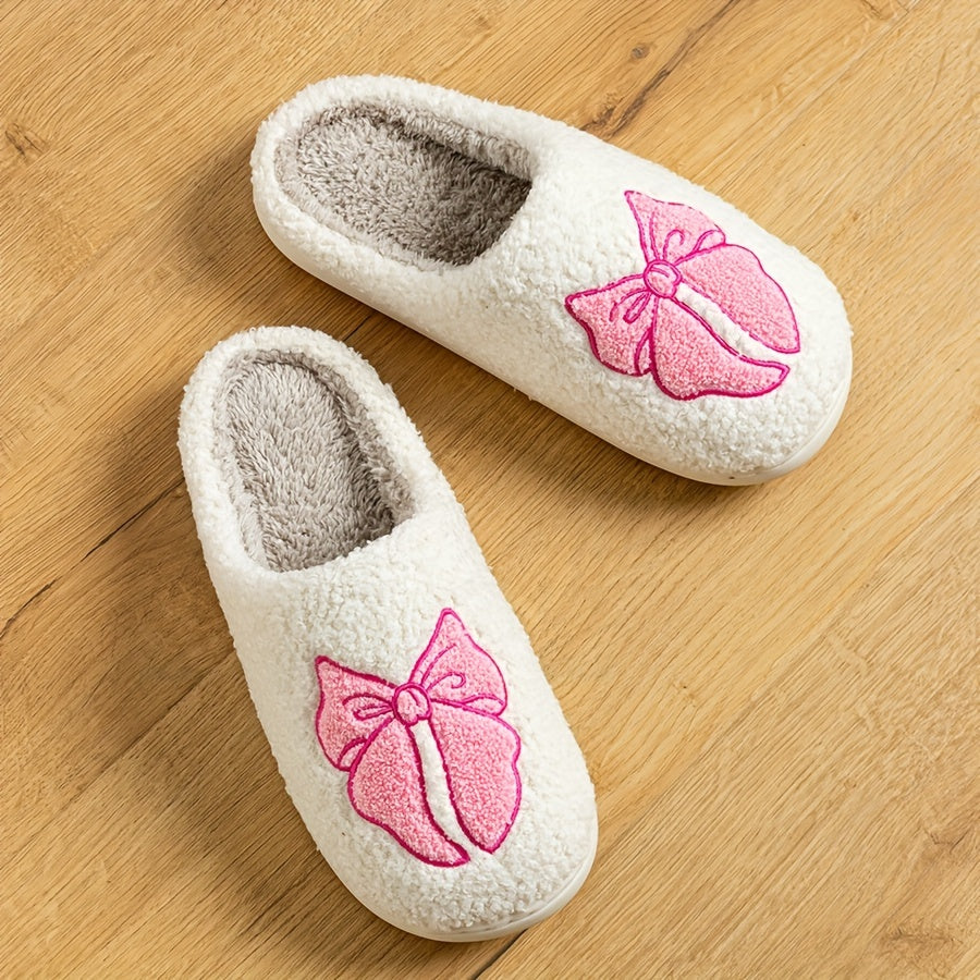 Beige Flauschige Slipper Mit Rosa Schleifenstickerei EB