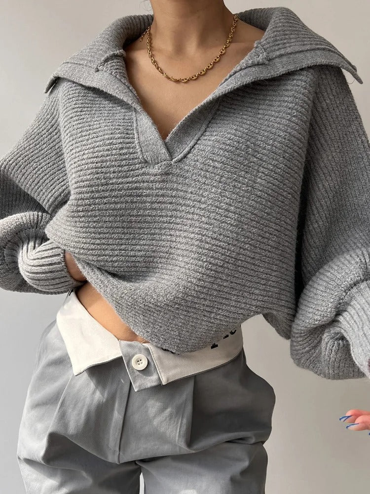 EB | Strickpullover mit Laternenärmeln und offenem Kragen