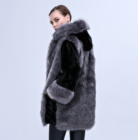 Damen Flauschiger Kunstpelz-Cape mit voluminösem Kragen und seitlichen Taschen EB