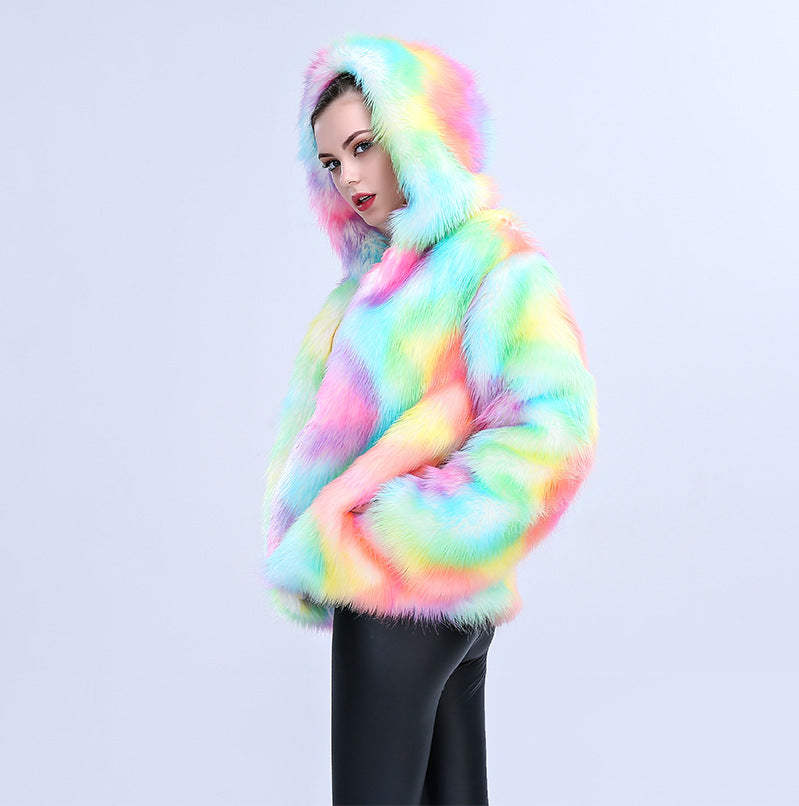 Damen Modische Kunstpelzjacke mit Kapuze und buntem Farbverlauf EB