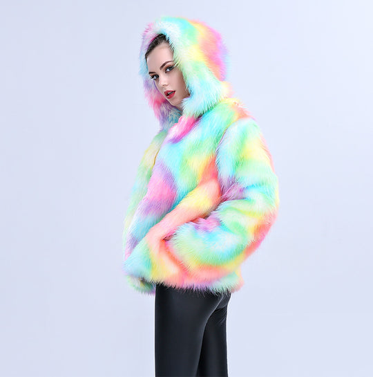 Damen Modische Kunstpelzjacke mit Kapuze und buntem Farbverlauf EB