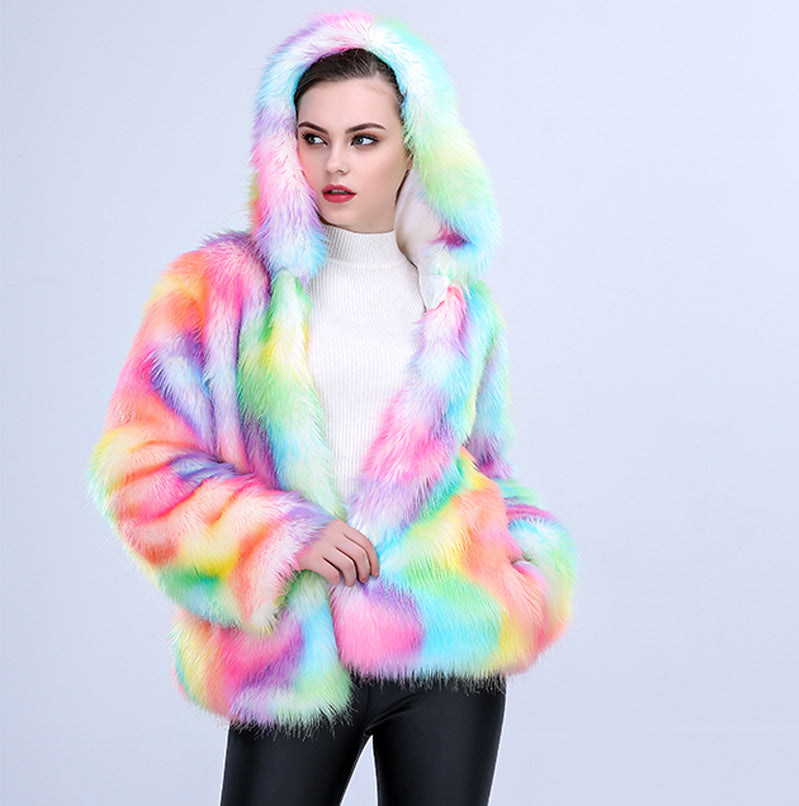 Damen Modische Kunstpelzjacke mit Kapuze und buntem Farbverlauf EB