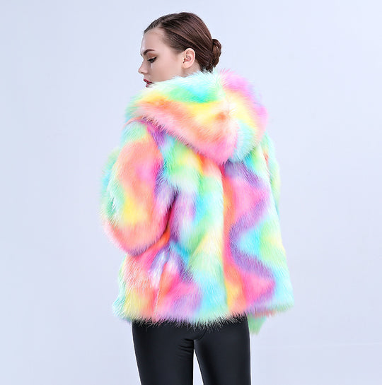 Damen Modische Kunstpelzjacke mit Kapuze und buntem Farbverlauf EB