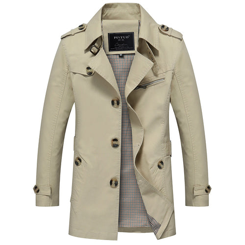 Herren modische Trenchcoat-Jacke mit eleganten Details und mehrfachen Taschen EB