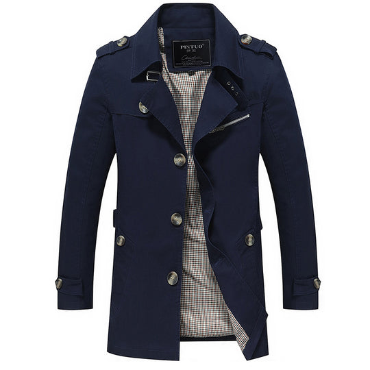 Herren modische Trenchcoat-Jacke mit eleganten Details und mehrfachen Taschen EB