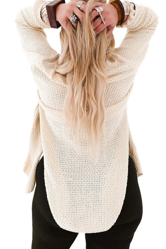 EB | Gemütlicher Gestrickter Mittellanger Cardigan mit Langen Ärmeln