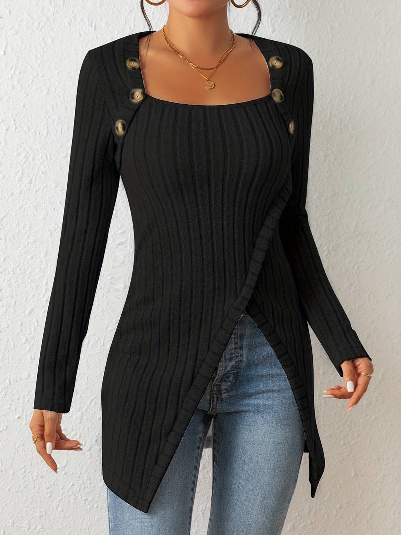 EB | Quadrat Ausschnitt Pullover mit Langen Ärmeln und Seitlichem Schlitz