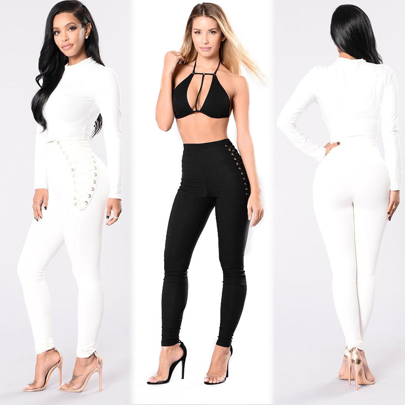 Damen Hochbund-Leggings mit dekorativem Schnürdesign EB