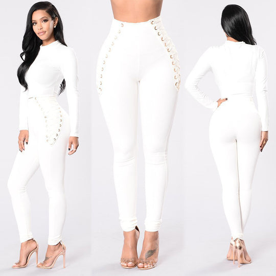 Damen Hochbund-Leggings mit dekorativem Schnürdesign EB