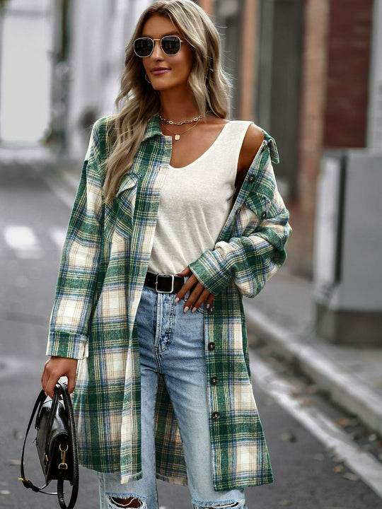 EB | Karierte Button-Up Longline Jacke mit Taschen