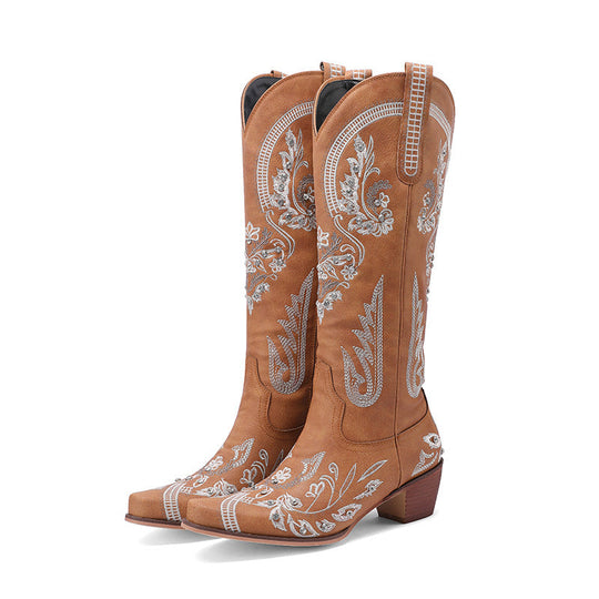 EB | Bestickte Western Denim Retro Damen Knielange Stiefel
