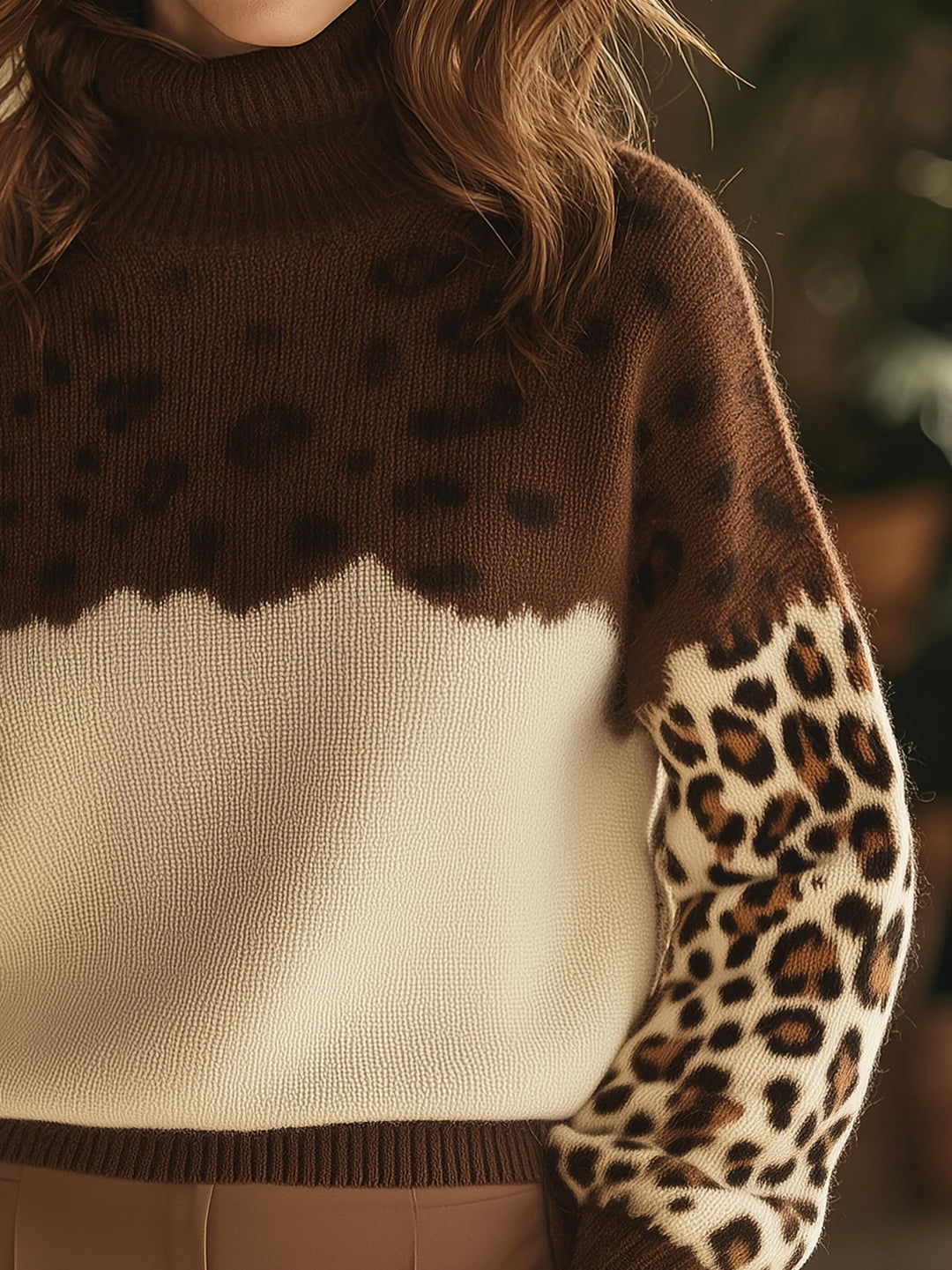 EB | Leopardenmuster Strickpullover Elegant und Modern Hochkragen Design