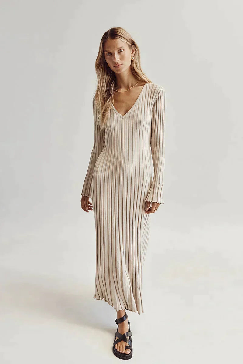 EB | Bequemes Gestricktes Damen Midi Kleid mit V-Ausschnitt