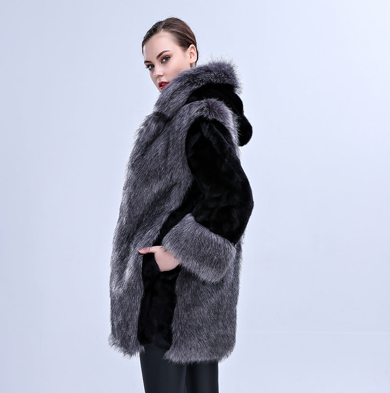 Damen Eleganter Kunstpelz-Mantel mit voluminösem Kragen und seitlichen Taschen EB