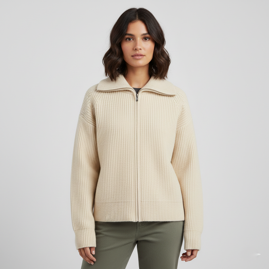 EB | Strickjacke Passformted Passform Rippstrickwolle Hoher Kragen Reißverschlussverschluss
