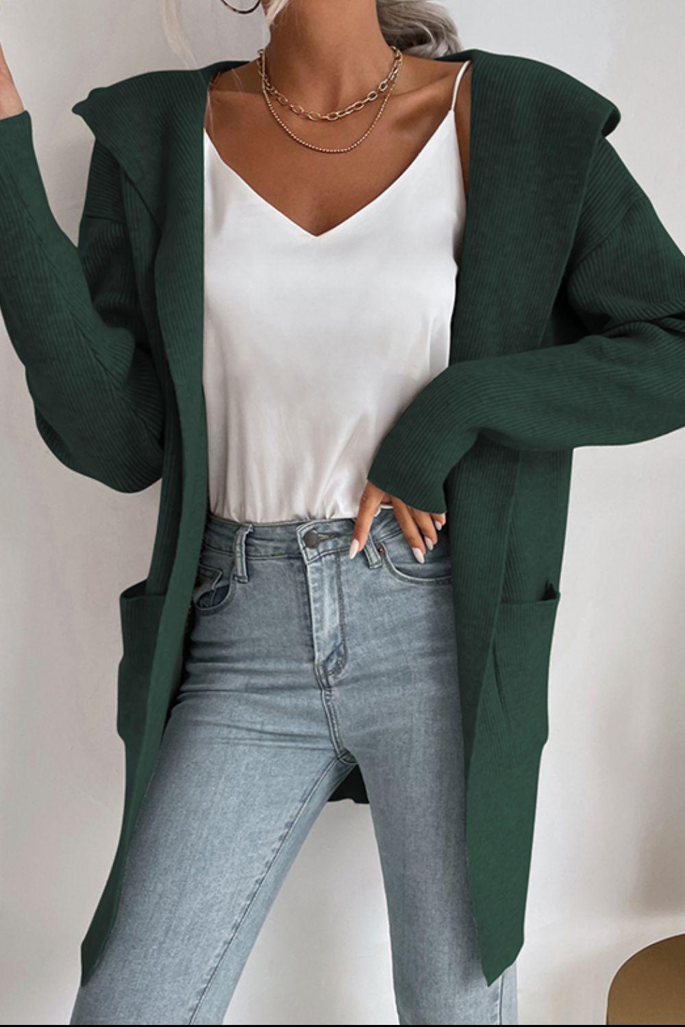 EB | geripptes offen-front Cardigan mit Kapuze und Taschen