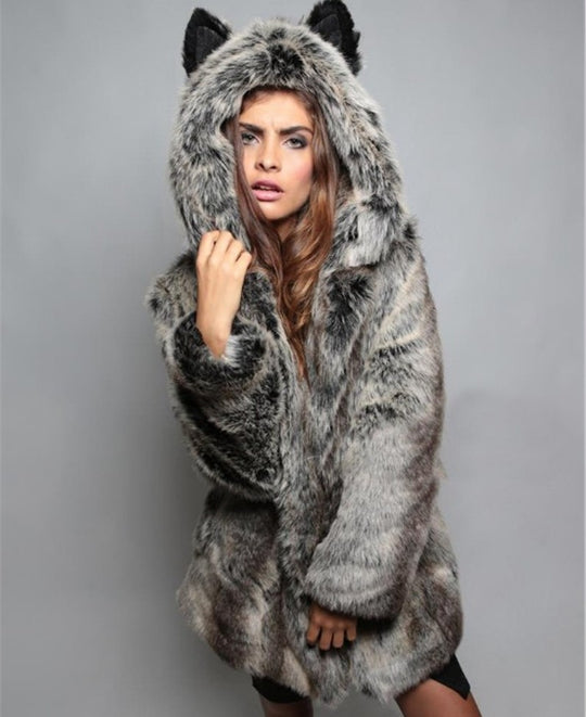 Damen kuschelige Kunstfelljacke mit Ohren EB
