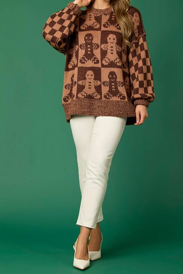 EB | Weihnachtslebkuchenmann Rundhalsausschnitt Langarm Lockere Strickpullover