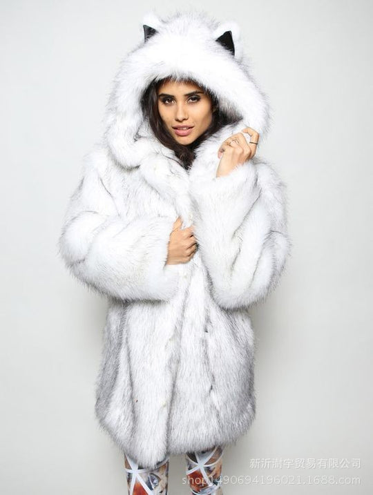 Damen kuschelige Kunstfelljacke mit Ohren EB