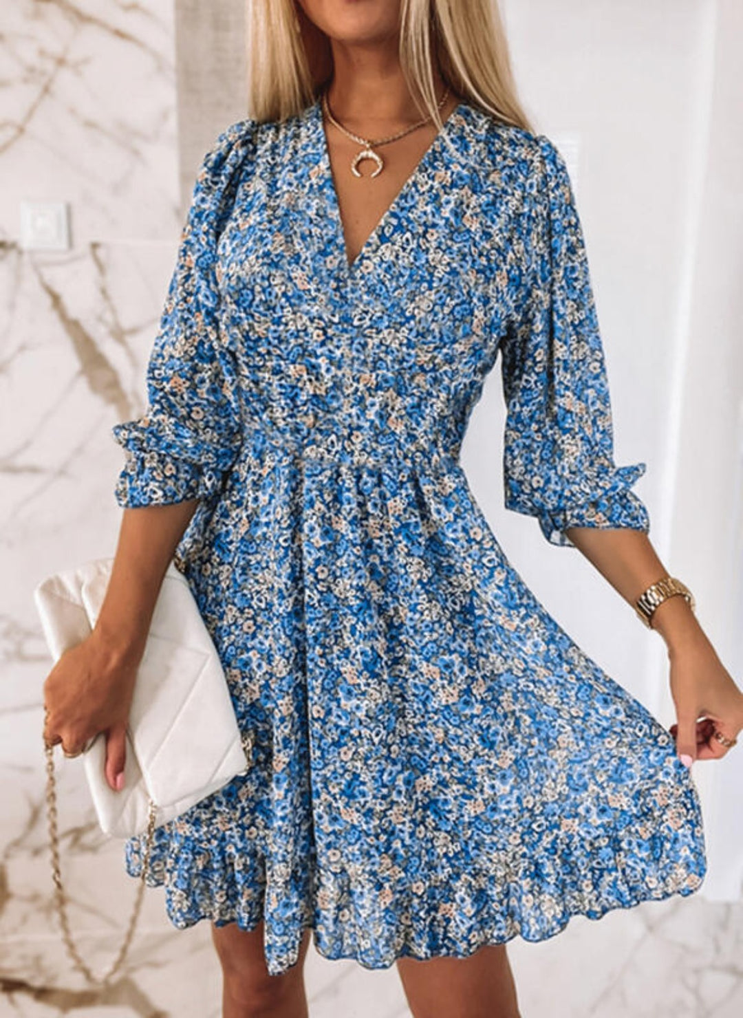 EB | Mittellanges Kleid mit V-Ausschnitt und böhmischem Print für Damen
