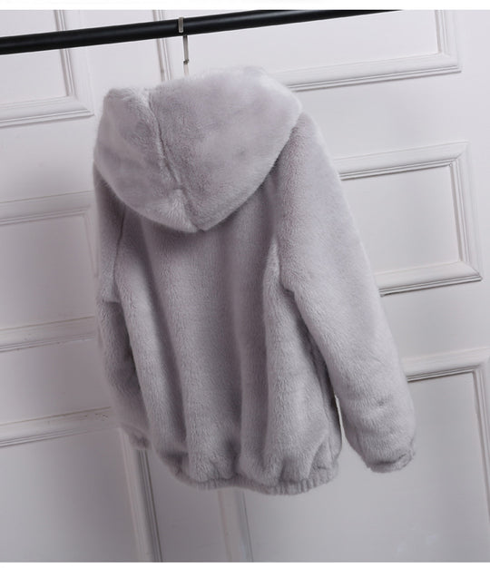 Damen Plüschjacke mit Kapuze und hochwertiger Fleece-Oberfläche EB