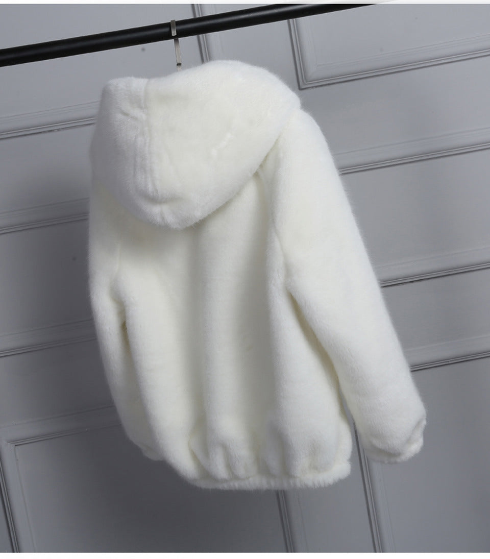 Damen Plüschjacke mit Kapuze und hochwertiger Fleece-Oberfläche EB