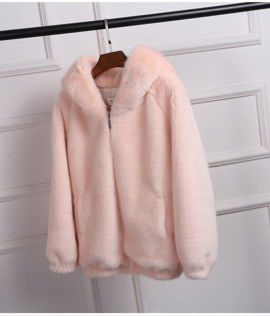 Damen Plüschjacke mit Kapuze und hochwertiger Fleece-Oberfläche EB
