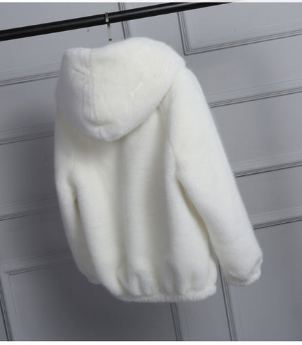 Damen Flauschige Kapuzenjacke aus Kunstfell mit hochwertigem Reißverschluss EB