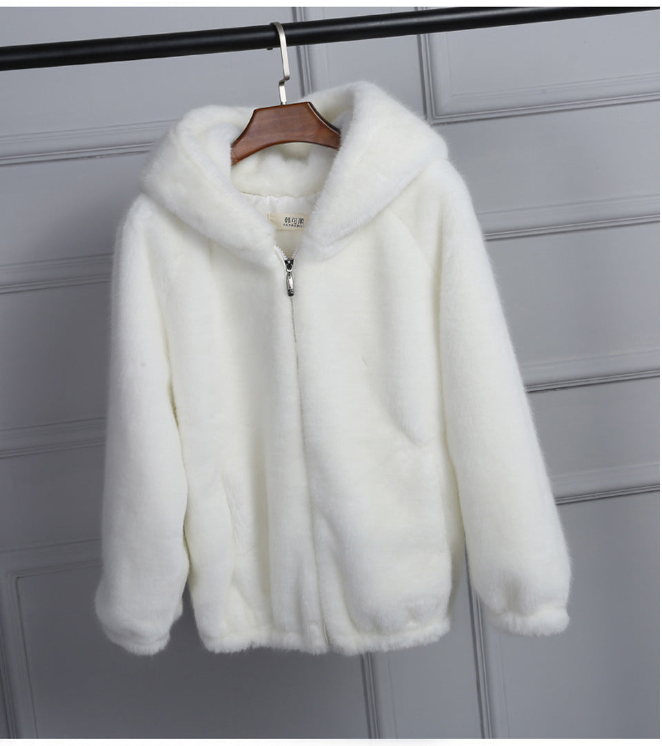 Damen Plüschjacke mit Kapuze und hochwertiger Fleece-Oberfläche EB