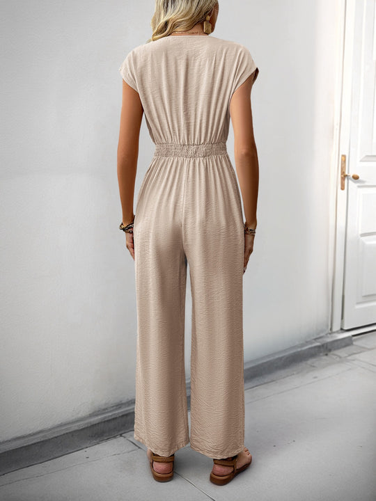 EB | V-Ausschnitt einfarbiger elastischer Overall mit hoher Taille und weitem Bein