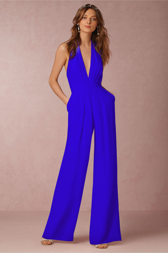 Damen eleganter Jumpsuit mit tiefem V-Ausschnitt und weiterbeiniger Silhouette EB
