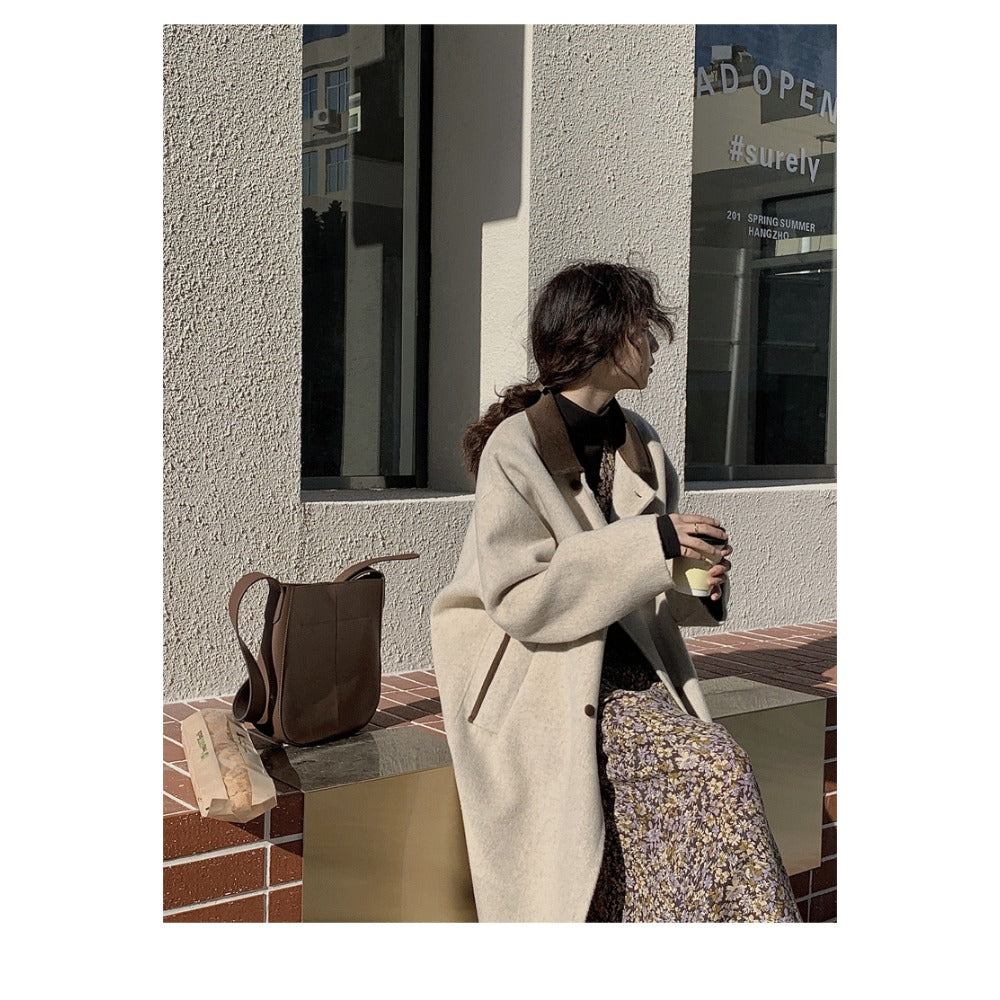 EB | Wollmischung Lange Jacke mit Braunem Kragen für Damen