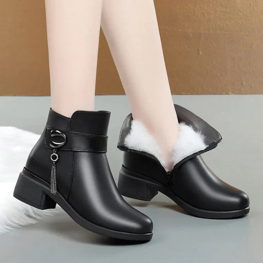 EB | Damen Echtes Leder Metall Schnalle Samt Stiefel