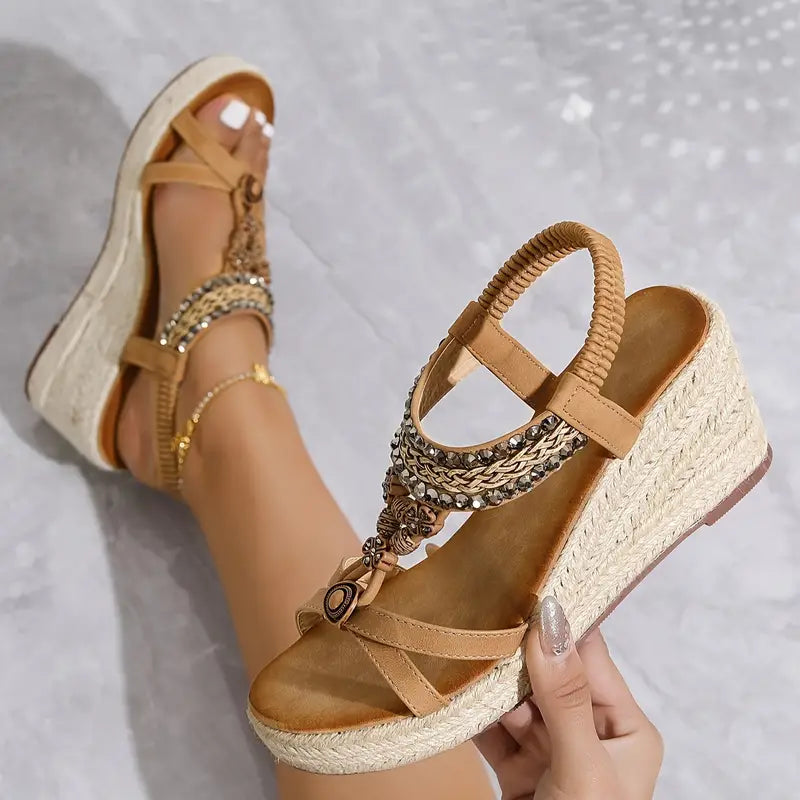 EB | Damen Sandalen mit Strass-Verzierung und Keilabsatz