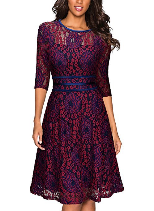 Damen Spitzenkleid mit eleganter Taillenschnürung und schwingendem Rock EB