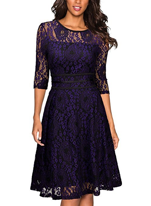 Damen Spitzenkleid mit eleganter Taillenschnürung und schwingendem Rock EB