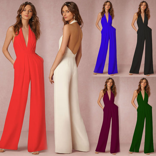 Damen eleganter Jumpsuit mit tiefem V-Ausschnitt und weiterbeiniger Silhouette EB