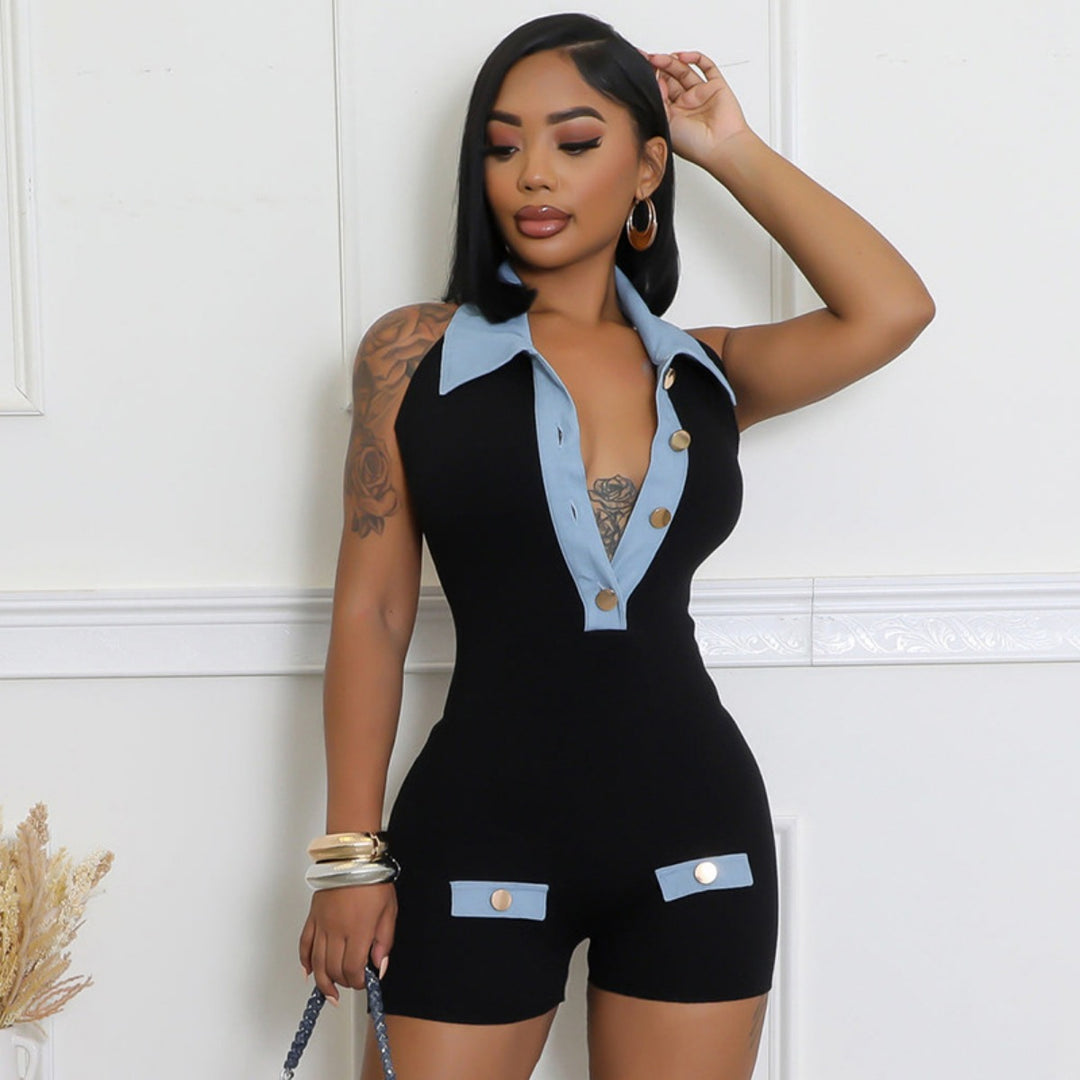 EB | Polokragen Denim kontrastierenden Jumpsuit Shorts