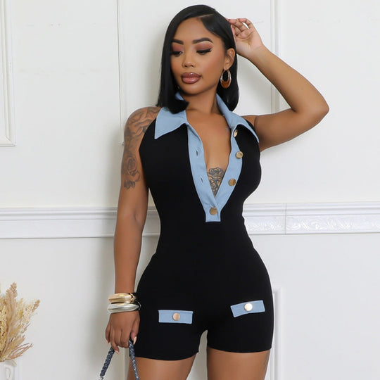 EB | Polokragen Denim kontrastierenden Jumpsuit Shorts